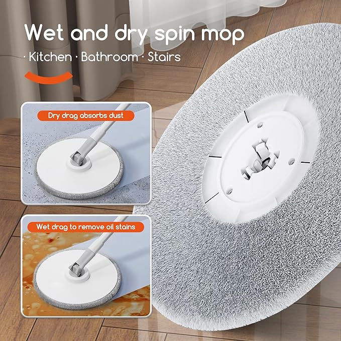 Spin Mop and Electric Bucket System, Unique Automatic Washing and Wring Electric Bucket, Upgrade Spin Mop Bucket with 2 Microfiber Cloths,Suitable for Hardwood Tile Marble Floor-White