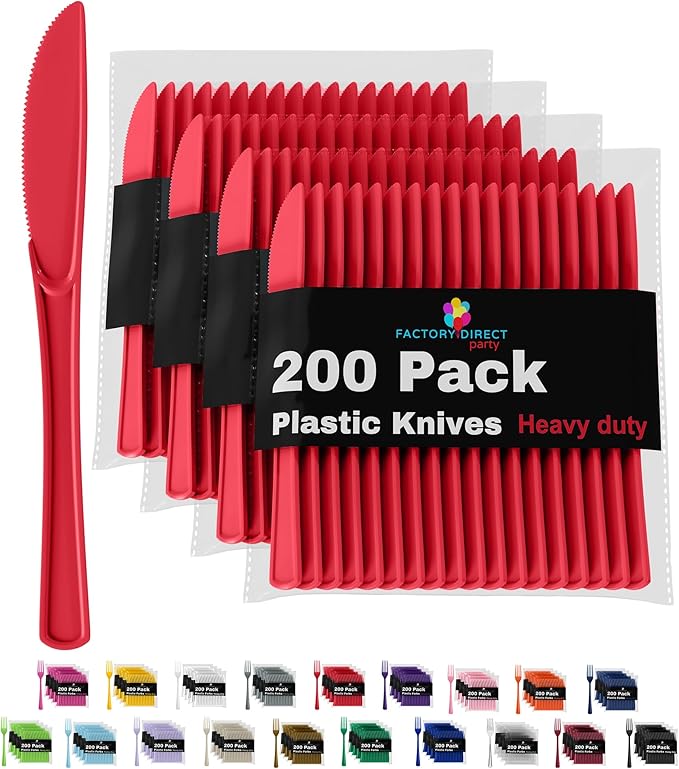 Party Solids Red Plastic Knives 200 Pieces Red Knives Disposable Utensils Heavy Duty Plastic Cutlery Set Disposable Cutlery Sets Flatware Sets Silverware Set Party Supplies & Party Tableware
