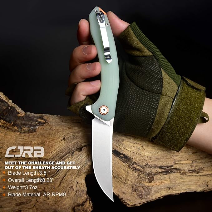 CJRB Small Folding Pocket Knife with Stonewash AR-RPM9 Powder Steel Blade and G10 Handle Tactical Knife for Men Womens EDC Outdoor Survival Camping Hunting Hiking, Gobi(J1906) Natural Green