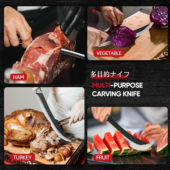 Huusk Butcher Knife for Meat Cutting, 10 Inch Brisket Knife, Multifunction Carving Knives with Wood Handle, Japanese Slicing Knives for Meat Cutting, BBQ, Turkey, Ideal for Gift