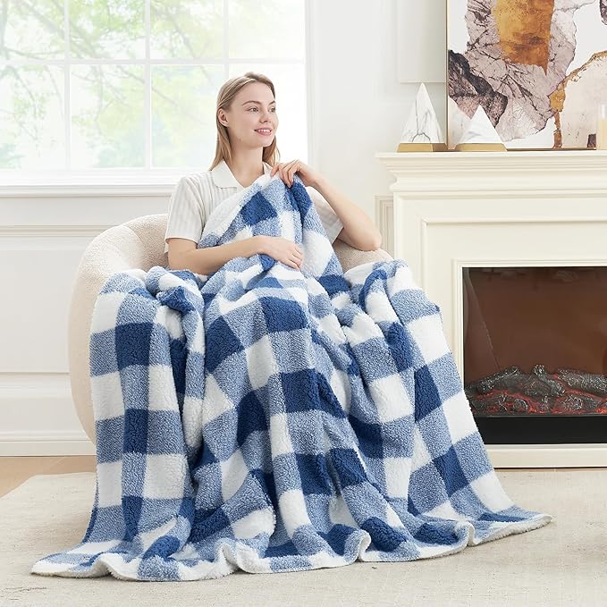 Cozy Bliss Luxury Sherpa Throw Blanket for Couch, Premium Reversible Buffalo Plaid Thick Throw, Warm Cozy Soft Blanket for Home and Gifts (Navy Blue, 60" x 80")