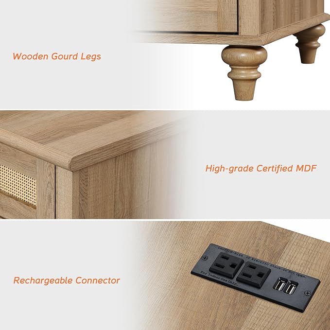 WAMPAT Set of 2 Rattan End Tables with Charging Station, Tall Side Tables Nightstand with Drawer & Storage Cabinet, Light Wood Bedside Table for Bedroom & Living Room, Burlywood