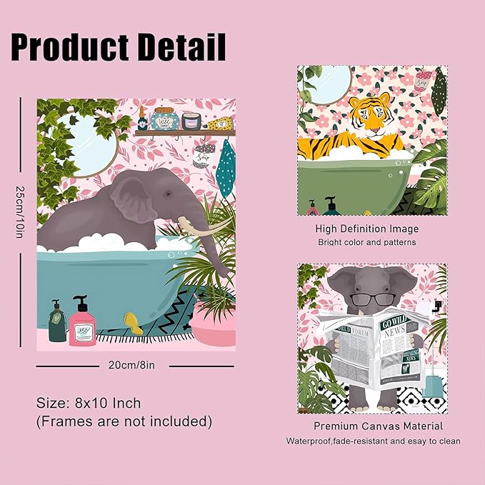 Funny Cute Canvas Art Wall Prints Set of 6, Kids Bathroom Decor Wall Art with Elephant, Zebra, Tiger Animal Pictures, Modern Humor Animals Bathroom Decor