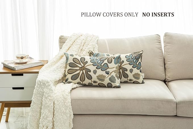 Mika Home Set of 2 Jacquard Tropical Leaf Pattern Oblong Throw Pillow Covers Accent Pillowcase 12X20 Inches,Blue Cream