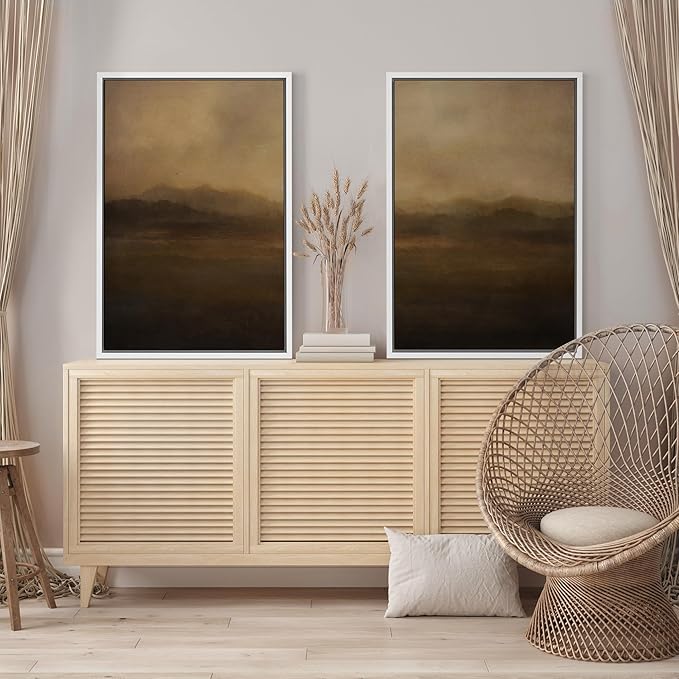 SIGNFORD Framed Canvas Print Wall Art Set Serene Misty Mountains Illustrations Modern Art Decorative for Living Room, Bedroom, Office - 24"x36"x2 White