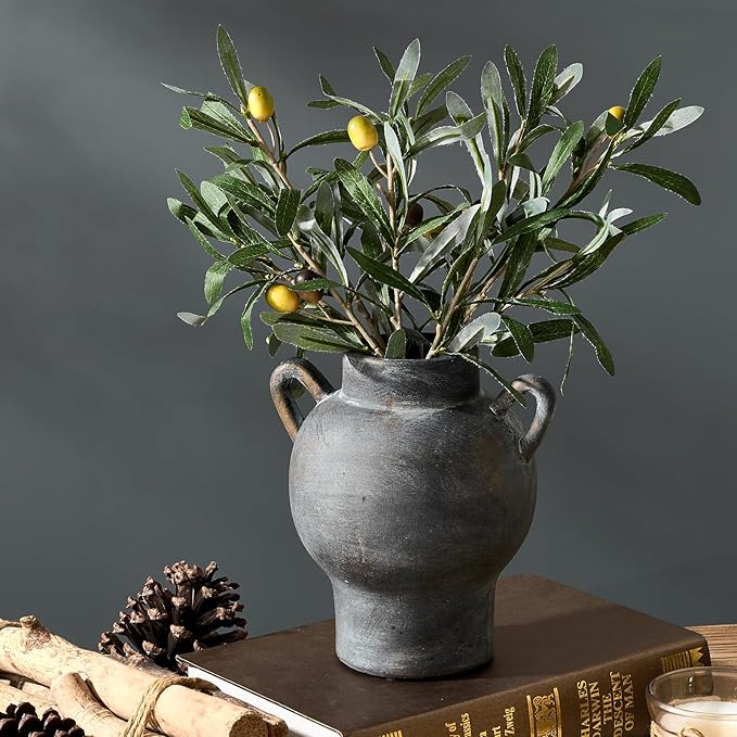 LUKA Antique Ceramic Vase with 2 Handle,7.28 inches Rustic Vase Minimalist Decor, Decorative Vases for Home Decor, Table, Living Room, Shelf, Christmas Decoration(Medium,Black)