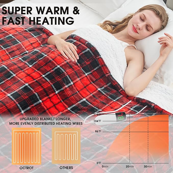 Heated Blanket Electric Throw 50X60, Christmas Heating Throw Gift with 10 Heating Levels & 8 Hours Auto Off, Red Plaid Checkered Sherpa Blanket Warmer for Adults, Couch Bed Office Use, ETL
