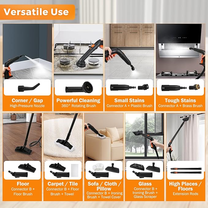 BEAMNOVA Steam Cleaner Electric Household Steamer High Pressure Multipurpose Cleaning Machine Heavy Duty Rolling for Floor Carpet Car Detailing Windows Home, Inside Water Container with Roller, Orange