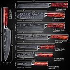 SENKEN 8-piece Japanese Kitchen Knife Set with Red Resin Handle and Laser Damascus Pattern - Crimson Collection - Chef's Knife, Santoku Knife, Paring Knife, & More - Ultra Sharp for Very Fast Cutting