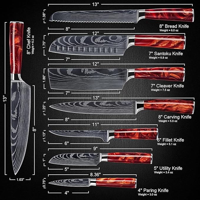 SENKEN 8-piece Japanese Kitchen Knife Set with Red Resin Handle and Laser Damascus Pattern - Crimson Collection - Chef's Knife, Santoku Knife, Paring Knife, & More - Ultra Sharp for Very Fast Cutting