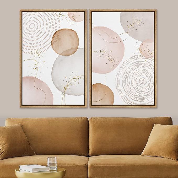 SIGNFORD Framed Wall Art Print Set Pastel Pink Gray Watercolor Circles Abstract Shapes Illustrations Modern Minimalist Relax/Calm Multicolor for Living Room, Bedroom, Office - 16"x24"x2 Natural