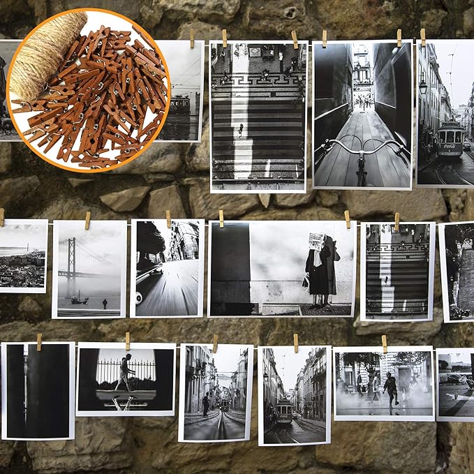 Mini Natural Wooden Clothespins with Jute Twine, 250pcs, 1 Inch Photo Paper Peg Pin Craft Clips with 66ft Natural Twine for Scrapbooking, Arts & Crafts, Hanging Photos (Rustic Brown)