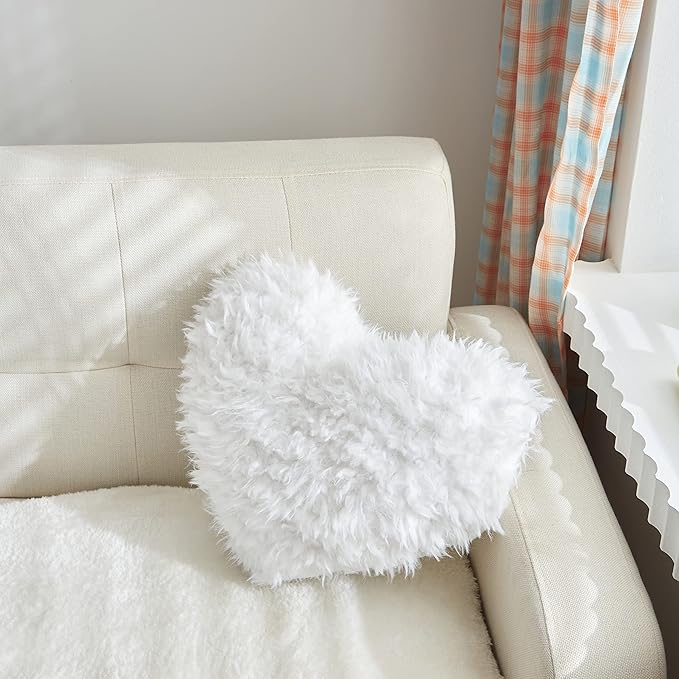 MOOWOO Fluffy Heart Throw Pillow with Pillow Cover and Insert, Shaggy Faux Fur,Valentines Day Decor,Christmas Decorations, Love Pillow (White, Heart Shape-15.7X15.7Inches)