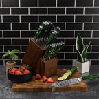 SENKEN Engraved Japanese Kitchen Knife Set with Beautiful Green Resin Wood Handles - Wasabi Collection - Chef's Knife, Bread, Cleaver, Paring, & More (16-Piece Knife Block Set)