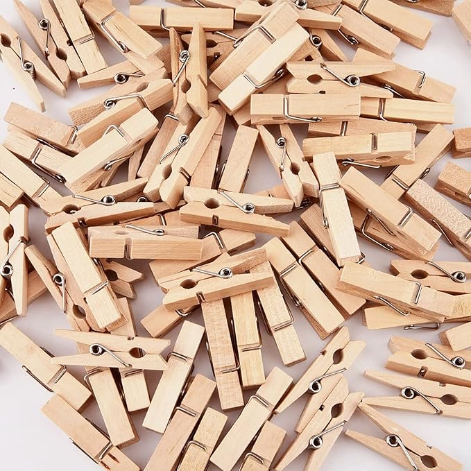 Mini Clothespins, Mini Clothes Pins for Photo, 100 Pack Wooden Small Clothes Pin with 32 FT Jute Twine String, Tiny Decorative Clothespin for Little Baby Shower Photos Clips Pictures Crafts Display