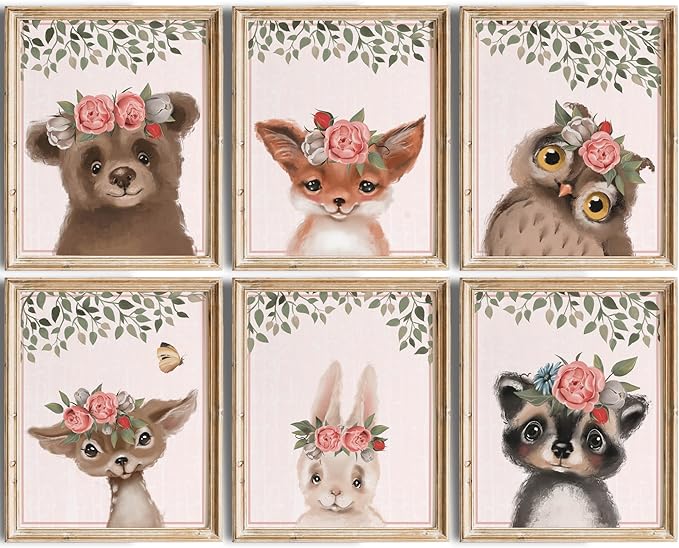 Woodland Animals Nursery Wall Art Prints (Set of 6) - Unframed - 8x10s | Set Includes Bear, Fox, Owl, Deer, Bunny Rabbit, and Raccoon wearing Floral Crowns