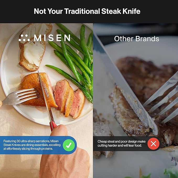 Misen Steak Knives Set of 4 - Precision Serrated Blades for Effortless Dining - German Stainless Steel - Superior Cuts with Four Steak Knives - Comfortable, Sleek Handles - Red