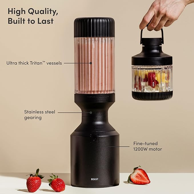 Beast Mega 1200 Plus | Premium Countertop Blender | Smoothies, Shakes, Sauces, Dips, Soups | Blends Ice and Frozen Fruit | XL Vessel | With Extra Vessels, Straw System | 1200W | (Carbon Black, 120V)