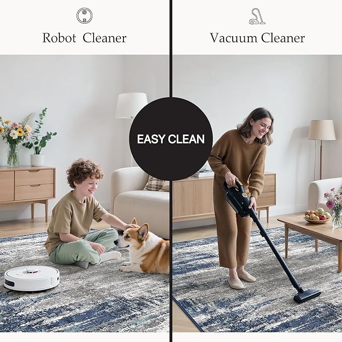 GENIMO 5x7 Area Rugs-Washable Area Rug Lightweight Low Pile, Non Slip Indoor Printed Modern Rug, Soft Pet Friendly Carpet for Living Room, Bedroom, Playroom, Blue Ivory