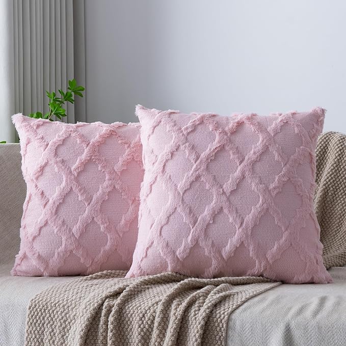 Set of 2 Soft Moroccan Throw Pillow Covers 16x16 Inch Plush Boho Decorative Pillow Cover Accent Cushion Case for Couch Sofa Bed, Light Pink