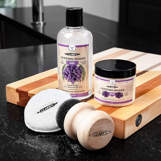 CLARK’S Cutting Board Oil and Wax Kit - Set includes Food Grade Mineral Oil (12oz), Finishing Wood Wax (6oz), Applicator Sponge & Buffing Pad, Enriched with Food Safe Lavender and Rosemary Extract