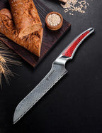 8 inch Serrated Bread Knife, Japanese VG-10 Damascus Steel Kitchen Knife, Ultra Sharp Bread Cutting Knife with Full-tang Handle in Red Resin, LA-S9 Series