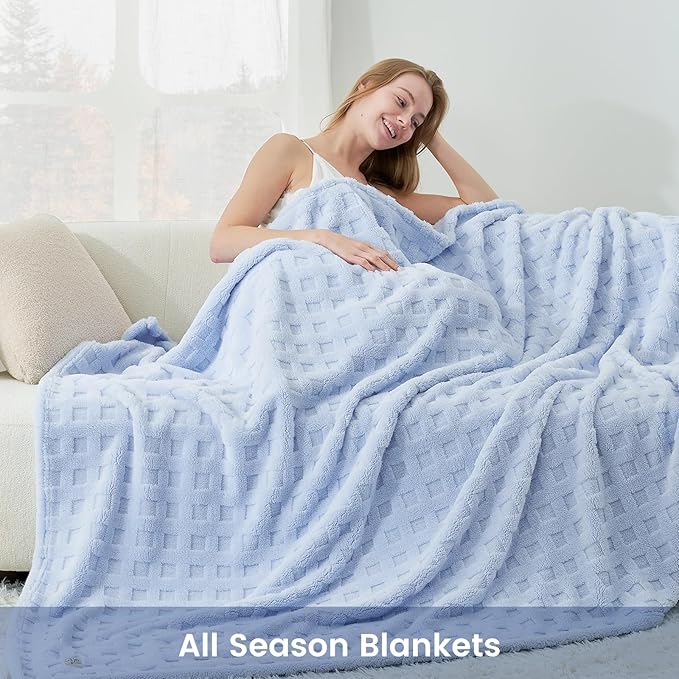 Cozy Bliss Soft Twin Size Waffle Blanket - Lightweight Cozy Blankets Gift for Women,Cute Checkered Throws Blanket for Bed, Couch and Sofa,Light Blue,60x80 Inches