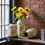 Levvohd Vintage Ceramic Vase, 10.6 Inch Chinoiserie Sunflower Yellow Floral Vases, Retro Ice Cracked Rustic Antique Flower Vases for Modern Room Bathroom Shelf Home Decor (Large Cylinder)