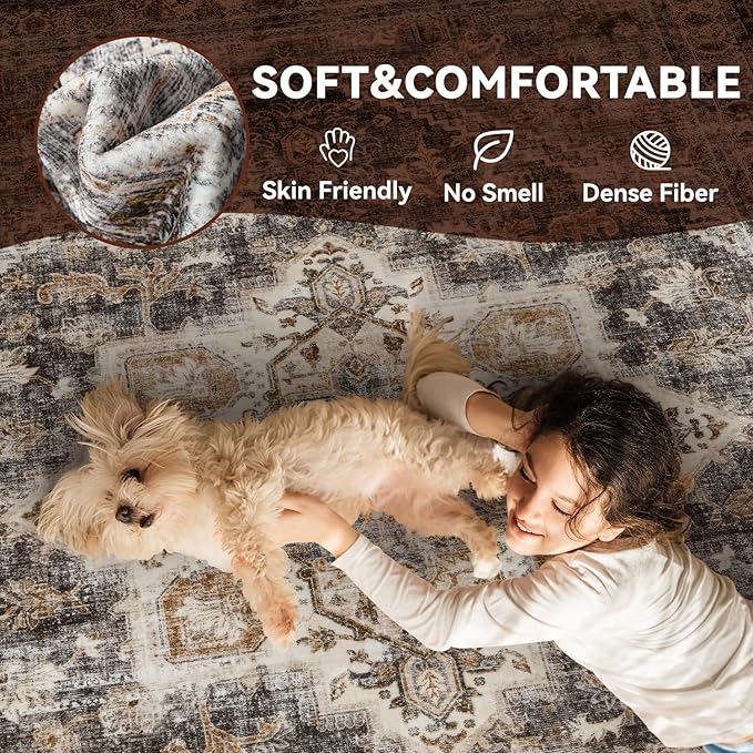 Runner 2x6 Runners for Hallways Rug Soft Kitchen Runner-Rugs for Bedroom Machine Washable Rug Vintage Oriental Floral Medallion Laundry Non Slip Brown