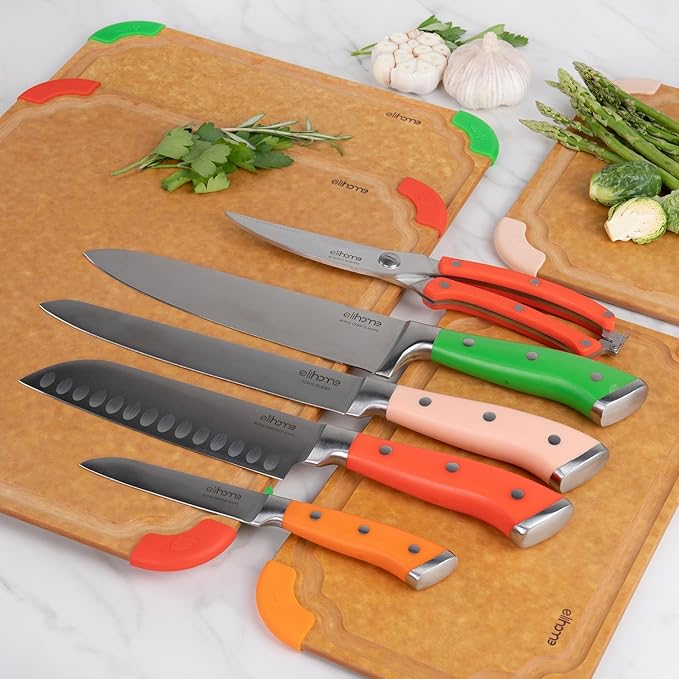 Elihome Cutting Wise 9pcs Cutting Board & Kitchen Knife Set, Color-Code Cutting Board Set with Food Icons, Non-Slip Feet, Juice Grooves, Dishwasher Safe (5PCS Knife Set + 4PCS Cutting Board Set)