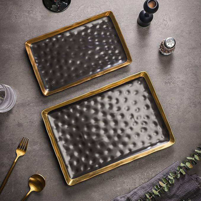 Stone Lain Florian Porcelain Large and Medium Rectangle Service Platters, Black with Gold Rim
