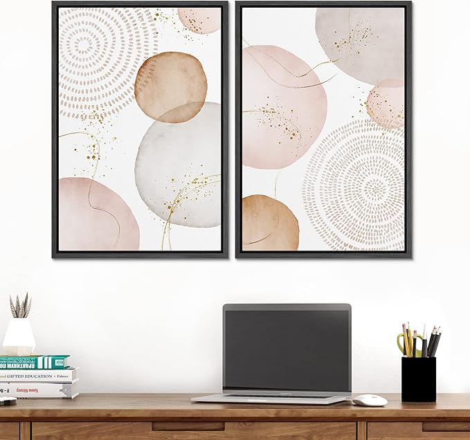 SIGNFORD Framed Wall Art Print Set Pastel Pink Gray Watercolor Circles Abstract Shapes Illustrations Modern Minimalist Relax/Calm Multicolor for Living Room, Bedroom, Office - 24"x36"x2 Black