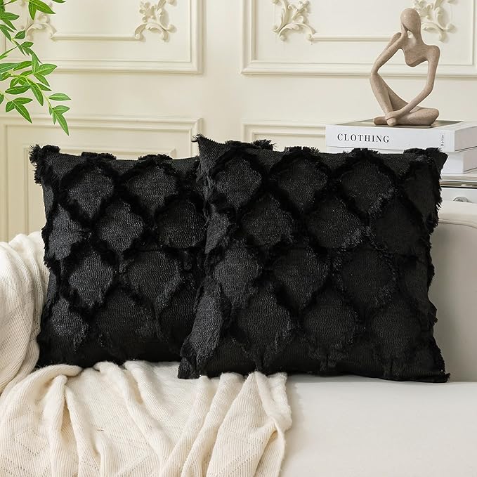 Set of 2 Soft Moroccan Throw Pillow Covers 18x18 Inch Plush Boho Decorative Pillow Cover Accent Cushion Case for Couch Sofa Bed, Black