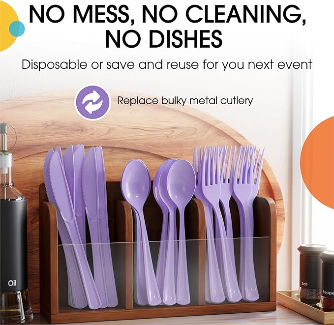 Party Solids Lavender Plastic Silverware Heavy Duty 150 Pieces Lavender Plastic Cutlery Sets, Utensil Sets, 50 Of Each Forks, Knives & Spoons Disposable Cutlery Set, Flatware Set For Party Supplies