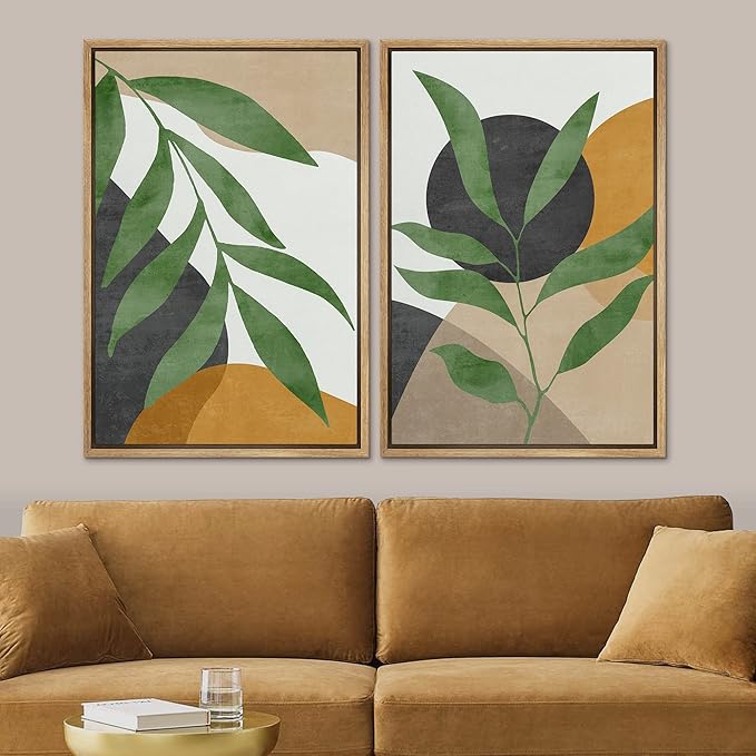 SIGNFORD Framed Canvas Print Wall Art Set Geometric Mid-Century Plant Collage Abstract Shapes Illustration Modern Art Decorative Nordic Nature for Living Room, Bedroom, Office - 24"x36"x2 Natural
