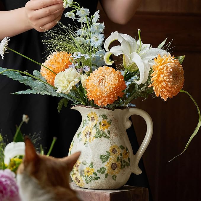 Levvohd Vintage Vase with Handle, 7.6 Inch Ceramic Pitcher Sunflower Floral Vase, Rustic Farmhouse Vases for Grandma Core Home Decor, Bookshelf Office Tuscan Decor (Large)