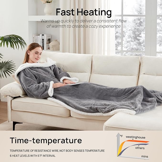 Westinghouse Electric Snuggle Throw Blankets with Foot Pocket, Wearable Heated Blanket with Sleeves, 6 Heating Levels & 2 to 10 Hours Heating Time Settings, 50 * 70"+18", Light Grey