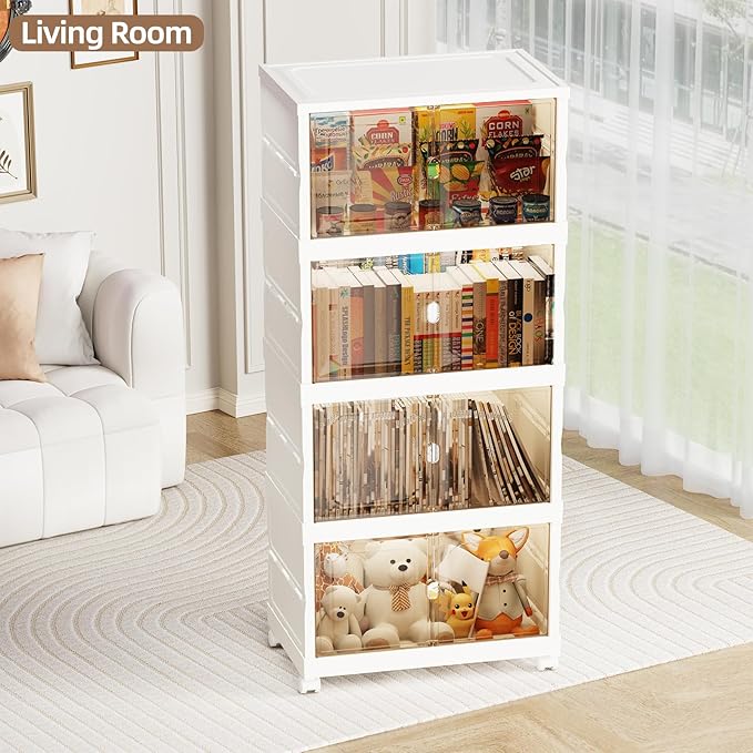 220 QT Large Collapsible Plastic Storage Bins, 4 Tier Stackable Storage Bins for Closet Bedroom, Large Plastic Containers with Wheels, Storage Cabinet with Magnetic Doors, White (220QT-4Tier)