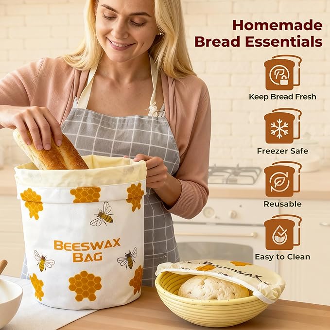OHIYO Beeswax Bread Bags for Homemade & Reusable Bowl Cover for Proofing, Elastic Sourdough Bowl Cover, Bread Baker Set