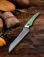 8 inch Serrated Bread Knife, Japanese VG-10 Damascus Steel Kitchen Knife, Ultra Sharp Bread Cutting Knife with Full-tang Handle in Green Resin, LA-S9 Series
