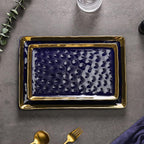 Stone Lain Florian Porcelain Large and Medium Rectangle Service Platters, Blue with Gold Rim