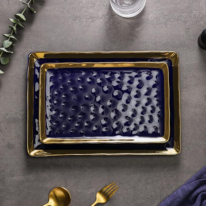 Stone Lain Florian Porcelain Large and Medium Rectangle Service Platters, Blue with Gold Rim
