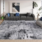 Rugcomf 8x10 Area Rug Washable Boho Rug Soft Non-Slip Non-Shedding Faux Wool Vintage Rug for Living Room, Farmhouse, Dining Room, Indoor, Kids Playroom, Grey and Black