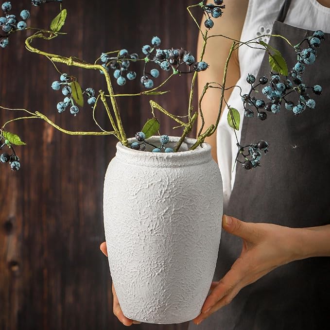 Ceramic Farmhouse Flower Vase, 8.2 Inch Terracotta Rustic Vase, Decorative Pottery Flower Vases for Living Room, Entryway, Table, Shelf Decor