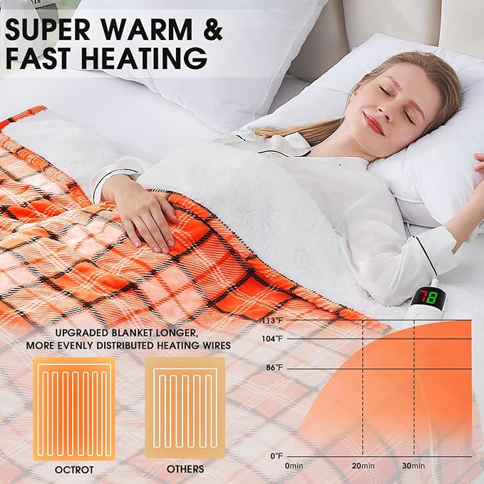 Electric Heated Blanket King Size, 90X100 Orange Blanket with Dual Control&10 Heats Levels&Timer for Bed,Large Plaid Sherpa Heating Blankets Warmer Gifts for Women Grandma Halloween Home Decor, ETL