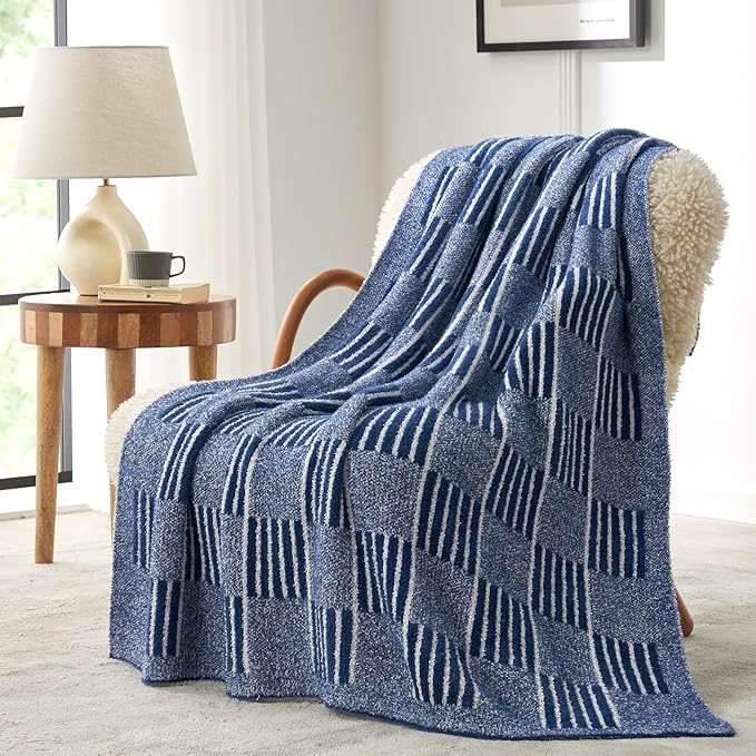 Snuggle Sac Navy Faux Fur Checkered Blanket Twin Size with Soft Knitted Microfiber Fabric,Fluffy Soft Warm Blanket for Sofa Bedroom,Cute Lightweight Striped Throws for Women,Heather Navy,60x80 inches