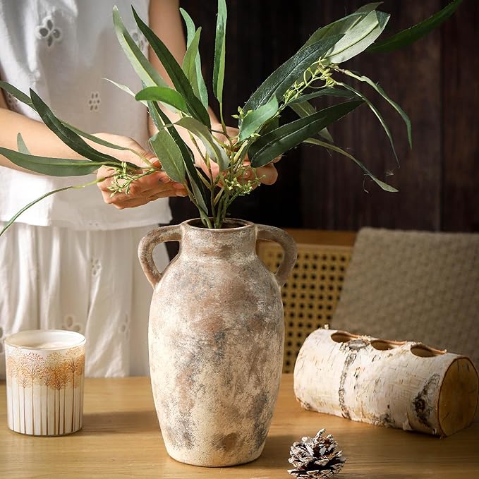 Ceramic Rustic Vase, 9.6 Inch Terracotta Rustic Vase with 2 Handles, Decorative Pottery Flower Vase for Home Decor, Living Room, Shelf Decor, Wedding, Table Decoration