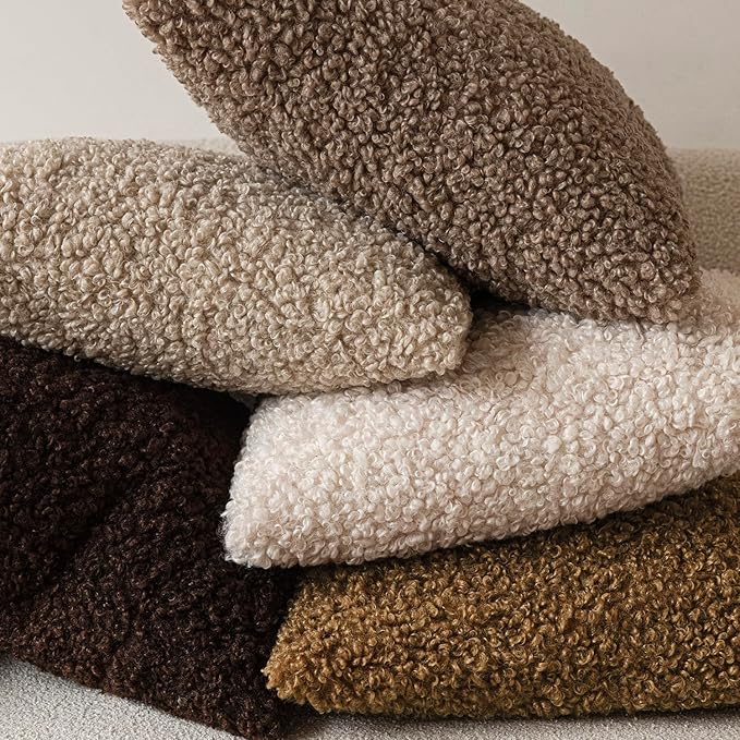 Foindtower Set of 2 Curly Teddy Wool Pillow Covers Decorative Boucle Textured Lumbar Throw Pillow Faux Fur Sherpa Pillowcases Sheepskin Fuzzy Cushion Case for Sofa Bedroom Car 12"x20" Dark Brown