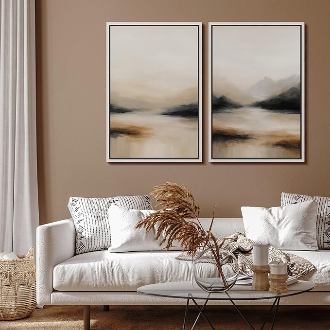 SIGNFORD Framed Canvas Print Wall Art Set Abstract Mountain Landscape Neutral Beige and Black Illustration Modern Art Decorative Nordic Nature for Living Room, Bedroom, Office - 24"x36"x2 White