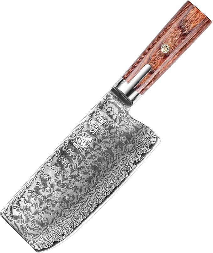 MITSUMOTO SAKARI Cleaver Knife 7 inch, S301 Damascus Steel Traditional Meat Cleaver (Hand Forged)